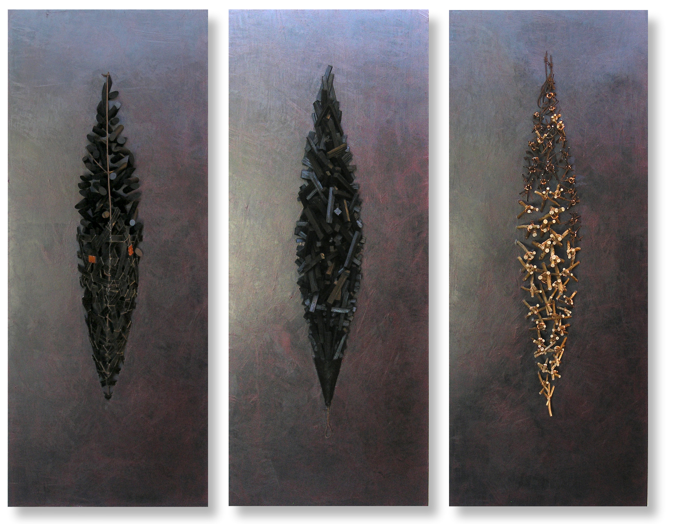 Mixed media assemblage triptych evoking coastal themes